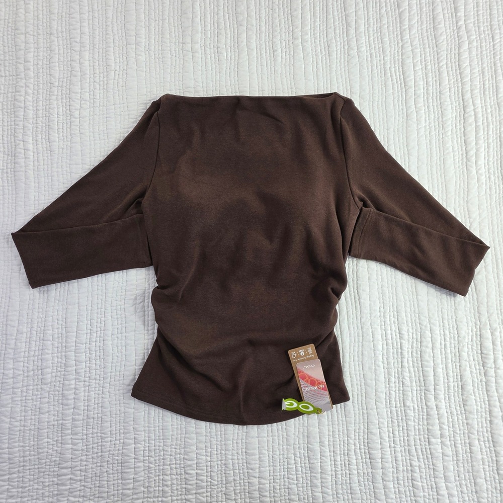 OGL M Eco-Mousse Chocolate Ruched Balletcore Sustainable Blouse Long Sleeve